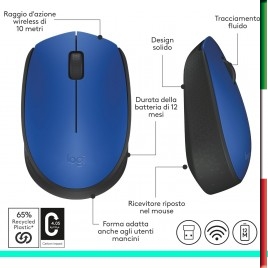 MOUSE LOGITECH RETAIL M171 CORDLESS OTTICO BLU