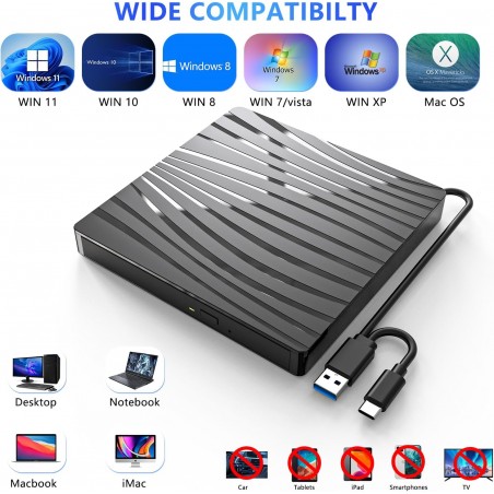 MASTERIZZ. DVD Esterno per PC Portatile USB 3.0, Slim USB C CD RW Masterizzatore Esterno per Laptop, Desktop, Macbook Air/Pro, 