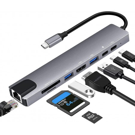 DOCK STATION Hub USB C 8 in 1, Adattatore USB C a 4K HDMI,Ethernet RJ45,100W PD,Lettore Schede SD/TF,USB 3.0/2.0, Docking Stati